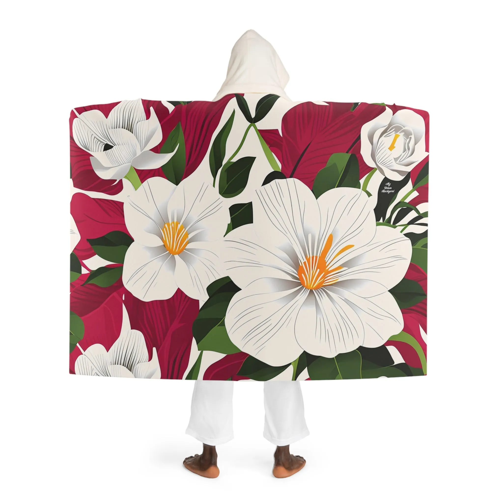 White Flowers on Red, Cozy Hooded Sherpa Fleece Blanket